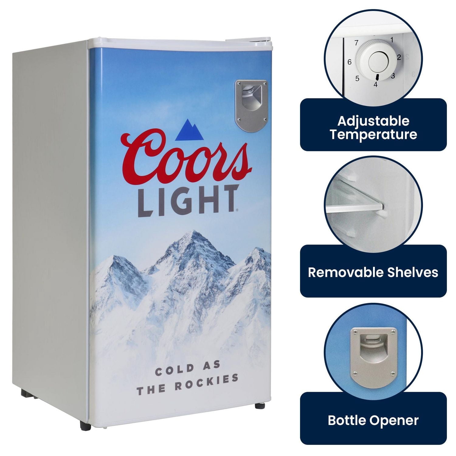 Coors Light Réfrigérateur compact de 3,2 pi³ avec ouvre-bouteille intégré, mini refroidisseur de boissons, blanc