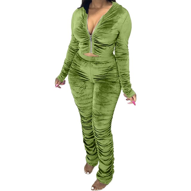 Honganda Slim Pleated Zipper Hooded Top and Pants Two-piece Suit
