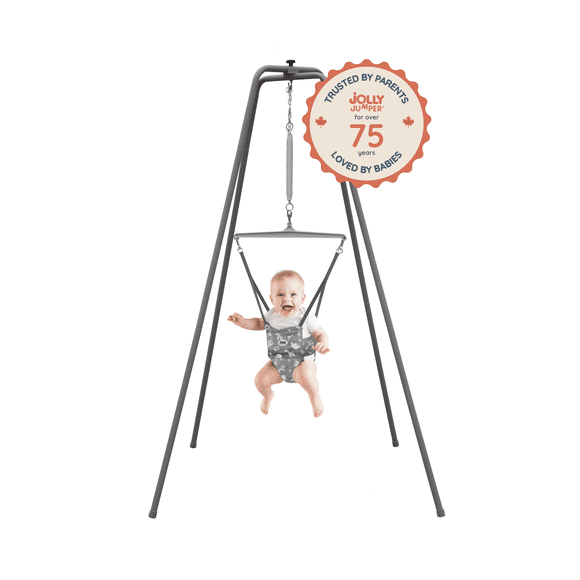 Jolly Jumper Elite – Original Baby Exerciser with Super Stand, Grey Safari Saddle | Indoor & Outdoor Use | Extra Tall Frame & Premium Spring Action