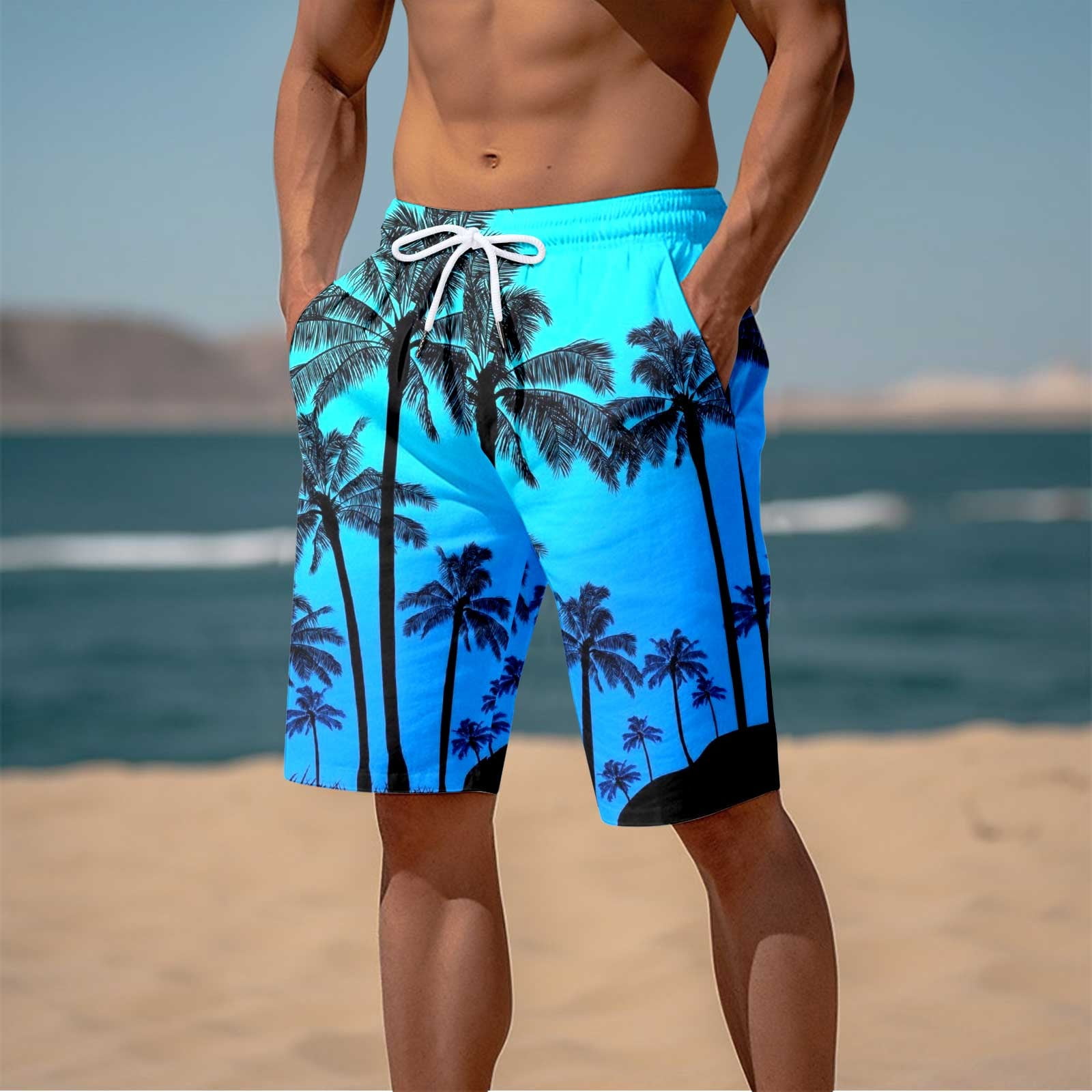 Mens Beach Pants 3D Printed Seaside Coconut Tree Sunset Casual