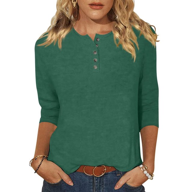 Yuyuzo Womens 3/4 Sleeve Tops Basic Button Crew Neck Solid Color Loose Fitted Tunics Tee Blouses