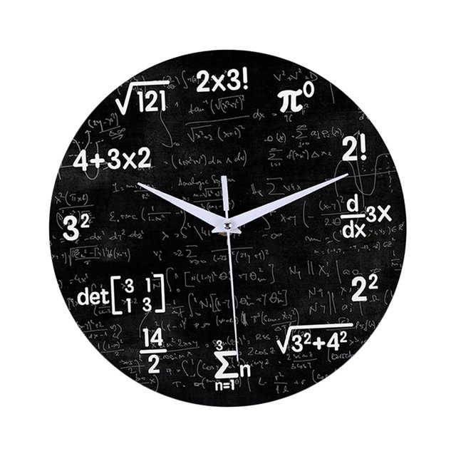 Horloge Murale de Mathématiques d'Éléments Chimiques d'Un Diamètre de 12 Pouces, avec un Cadran en Acrylique Noir Orné de Formules Mathématiques et d'Éléments de Chimie en Blanc. l'Horloge au design Minimaliste avec Fonctionnement Silencieux et Sans Tic-Tac, la Rendant Adaptée à la Déco Maison Moderne, aux Bureaux Ou aux Salles de Classe. Alimentée par une Pile AA (Non Incluse).