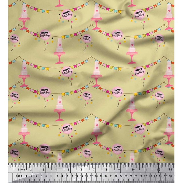 Soimoi Beige Velvet Fabric Birthday Theme Party Printed Fabric 1 Yard 58 Inch Wide