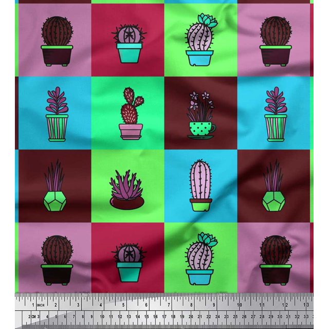 Soimoi Velvet Fabric Cactus Tree Printed Craft Fabric by The Yard 58 Inch Wide