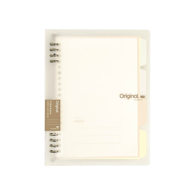 TopLLC 8 Ring Binder Notebook Frosted PVC Softcover A5 lined refillable notebook with tabs, front-facing view of frosted translucent PVC softcover over eight silver rings, A5 22.8x18.2cm slim rectangle showing tabbed dividers and removable lined loose-leaf pages, 120 pages of thick 100 GSM paper per specs, compact for school or office and often used as a portable planner.