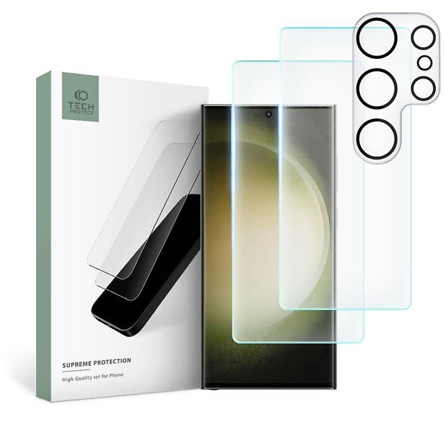 Tech-protect Galaxy S23 Ultra 3-pack UV screen protector and lens cover by Bomveson. Includes two 0.3mm thick, 9H hardness tempered glass screen protectors with hydrophobic and oleophobic coatings for fingerprint resistance and touch sensitivity, one lens glass cover, a UV lamp, and installation kit. Designed for curved screens with 2.5D edges for a seamless fit. Packaged with clear instructions for UV glue application and curing.
