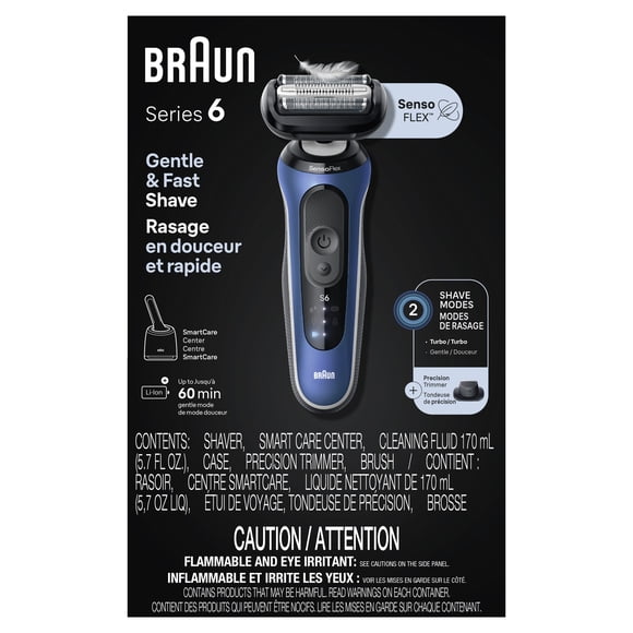 Braun Electric Shaver for Men, Series 6 6172cc, Wet & Dry Shave, Turbo & GentleShaving Modes, Foil Shaver, Engineered in Germany, Clean & Charge SmartCare CenterIncluded, with Precision Trimmer, Blue