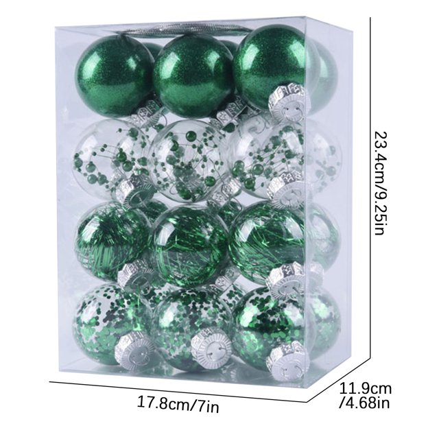 24Pcs Christmas Tree Ornament Pendant Party Supplies Tree Hanging Plastic Ball set featuring a mix of green glitter and clear baubles with decorative accents, packaged in a transparent box. The ornaments are made of durable plastic, ensuring safety and resistance to breakage. Ideal for decorating Christmas trees, table centerpieces, or festive displays in homes, hotels, and offices. Dimensions of the box are approximately 23.4cm x 17.8cm x 11.9cm.