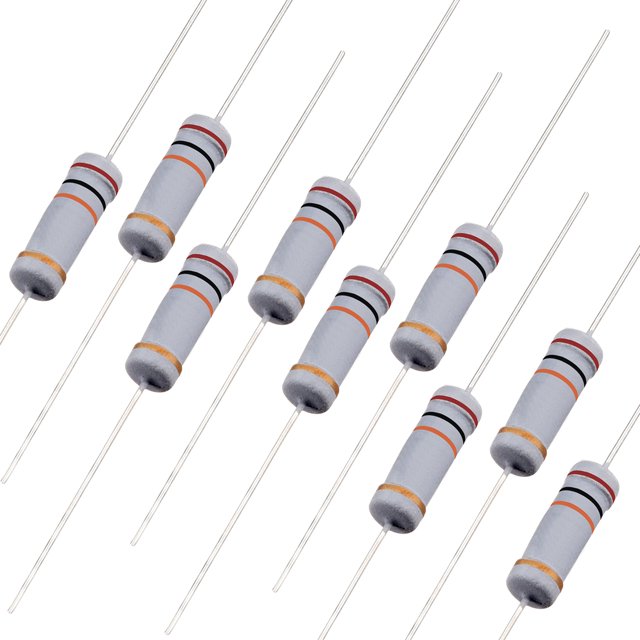 Unique Bargains 100pcs 1W 20K Ohm Carbon Film Resistor with 5% tolerance and 4 color bands. Each resistor measures 10.5mm x 3.6mm (0.41 inches x 0.14 inches) and features a red, black, orange, and gold tone color code. Designed for low noise, high performance, and reliability in DIY and testing programs. The package includes 100 resistors with high precision and stable performance.