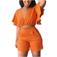 thumbnail image 2 of Mikilon Womens Oversized Stylish Outfits 2 Piece Set Ruffle Short Sleeve V-Neck Top Casual Shorts Summer Plus Size Suit Ruffle Short Sleeve V-Neck Top Casual Shorts Summer Plus Size Suits Orange Xs, 2 of 8