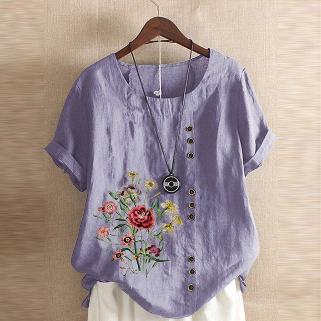 Aqestyerly T-Shirt d'Été à Manches Courtes pour Femme, Décontracté, à Imprimé Floral, Coupe Ample, Col Rond, Blouse Confortable, Haut Léger pour Tous les Jours HWRETIE