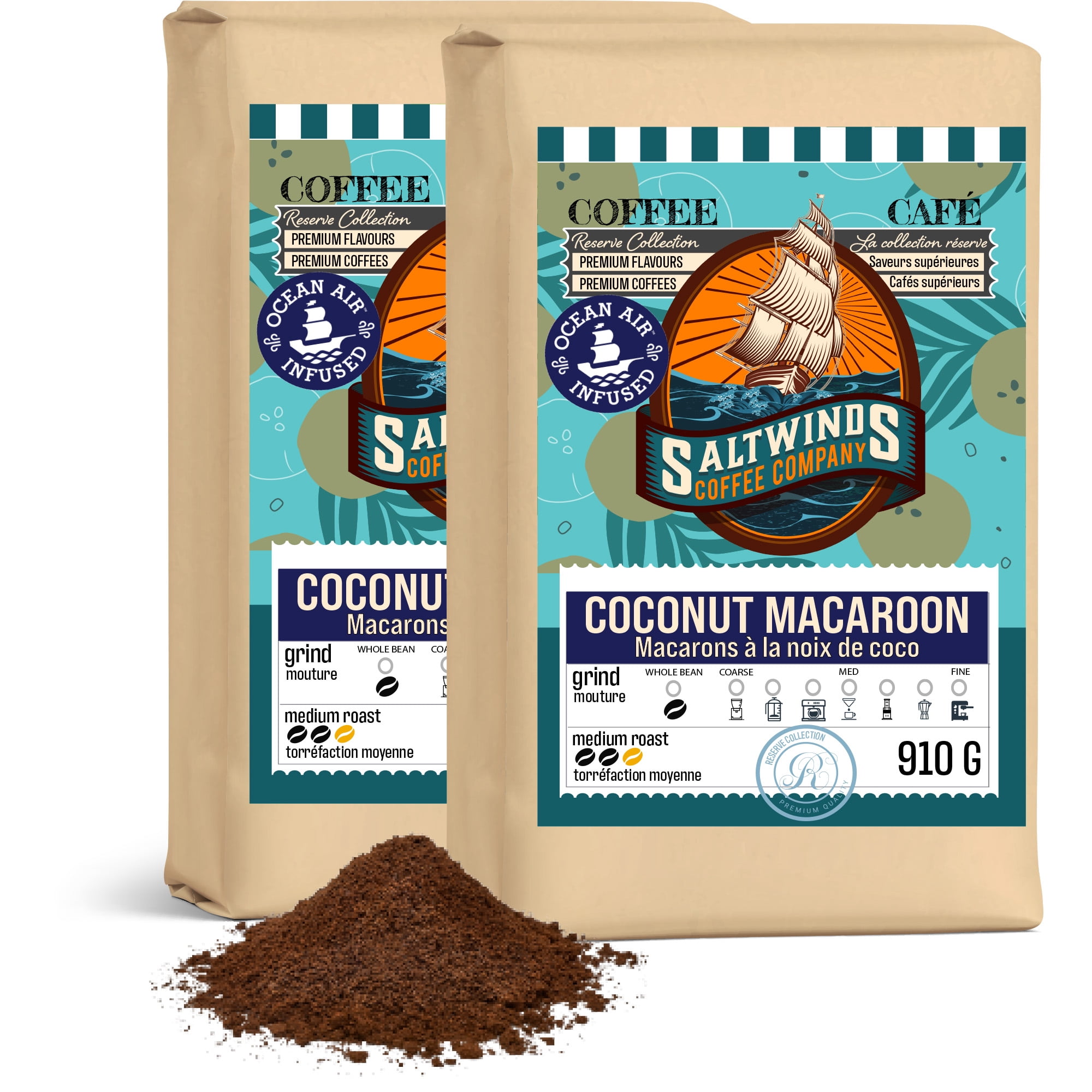Coconut Macaroon Flavoured Coffee Bundle (2x910 g Ground) | Ocean Air Infused | Canadian-Roasted Flavoured Coffee Bundle- Coconut Macaroon