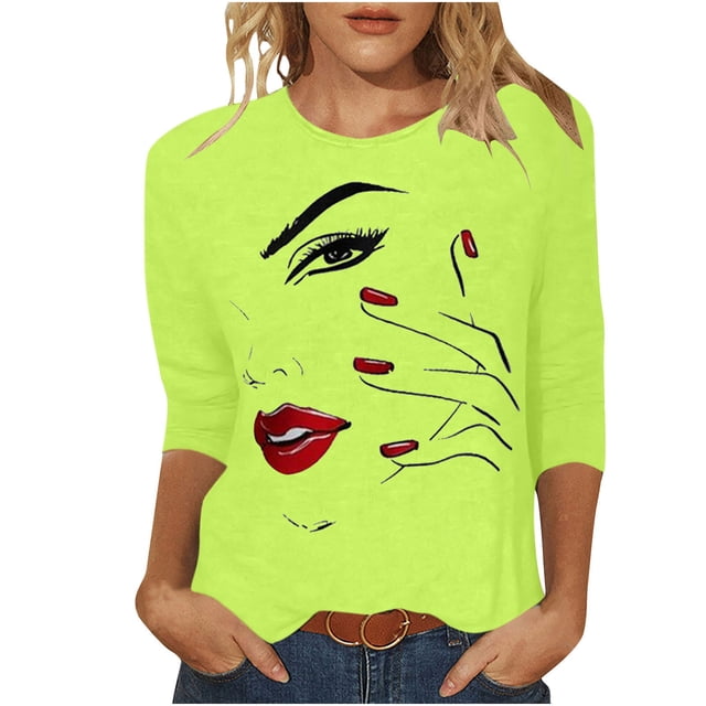 Penkiiy Hauts pour Femmes Mode Femmes T-shirt Imprimé Mi-Long Manches 3/4 Blouse Col Rond Hauts Décontractés Vert Vêtements Y2K