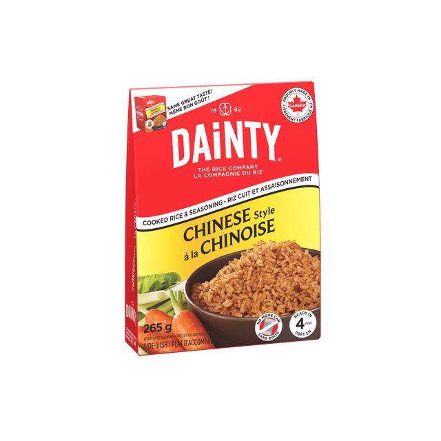 Dainty Cooked Rice & Seasoning - Chinese Style in a red and yellow 265 g box featuring a bowl of cooked seasoned rice with carrots and green onions, ready in 4 minutes, ideal as a quick side dish or pantry meal base.