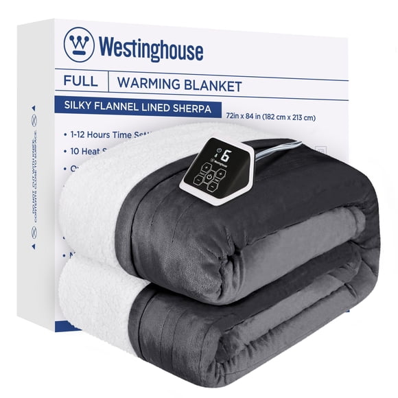 Westinghouse Heated Blanket Full Size Soft Flannel to Sherpa Electric Blanket with 10 Heating Levels 1-12 Hours Auto Shut Off Fast Heating Warming Blanket Machine Washable 72x84 Inch Charcoal