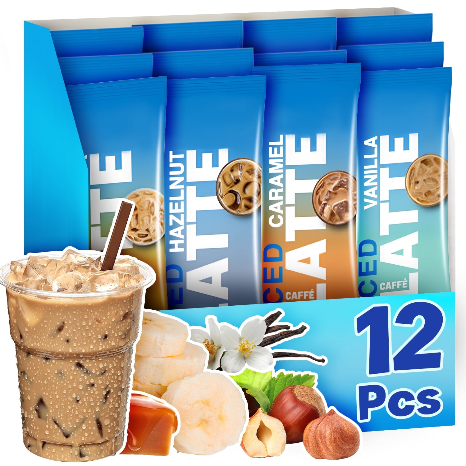 Instant Cold Coffee Variety Pack, 12 Single Serve Sticks, 6 Flavors – Classic, Hazelnut, Caramel, Vanilla, Banana & Sugar Free