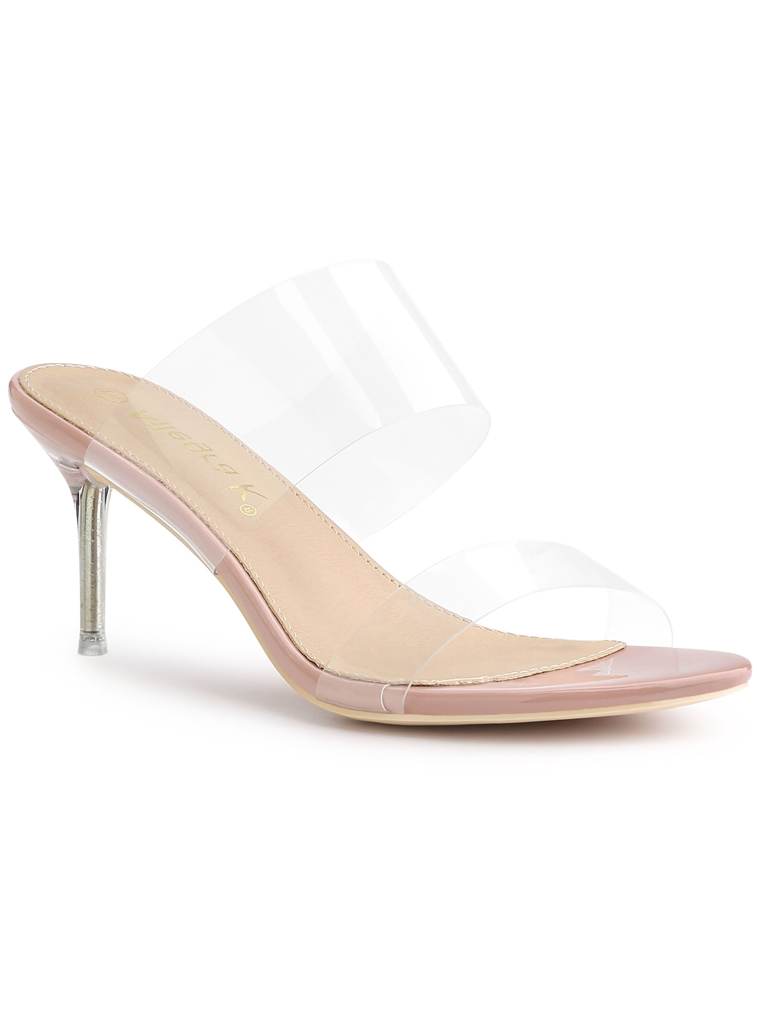 BLISSFUL STEP Women's Clear Slide Stiletto Heels Open Toe Slip On Sandals Beige 11