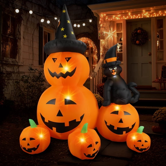 MAGOTAN Citrouille Gonflable d'Halloween de 1,8 m avec Chat Intégré et 7 Lumières DEL Blanches. Décor de Jardin avec Citrouilles et Chat Gonflables.