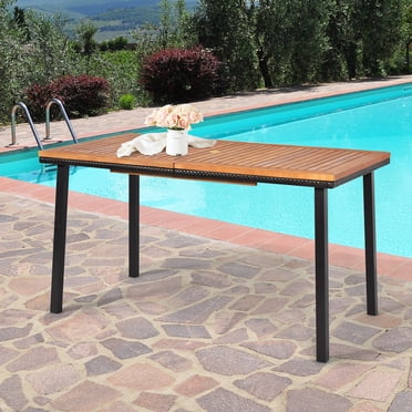 Costway Table de Salle à Manger en Rotin pour Patio 55 Pieds' Dessus de Table en Bois d'Acacia Trou pour Parasol