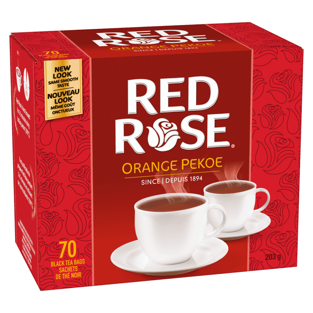 Red Rose Orange Pekoe 70 Bags boxed pack of Orange Pekoe black tea, 70 tea bags; rich, full-bodied taste with a smooth finish and natural caffeine for alertness, suitable for hot or iced brewing and often used as a base for chai blends.