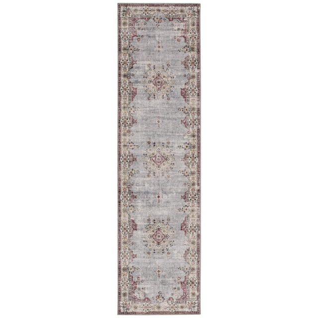 Lennox 2' x 8' washable runner rug in pale blue and ivory with a distressed antique French Aubusson floral pattern, featuring soft pastel blues, pinks, and muted reds, bordered by an ivory frame with floral medallions, made of stain-resistant polyester with nonslip backing, ideal for high-traffic areas like kitchens, hallways, or laundry rooms, and suitable as a pet-friendly, easy-care floor covering.