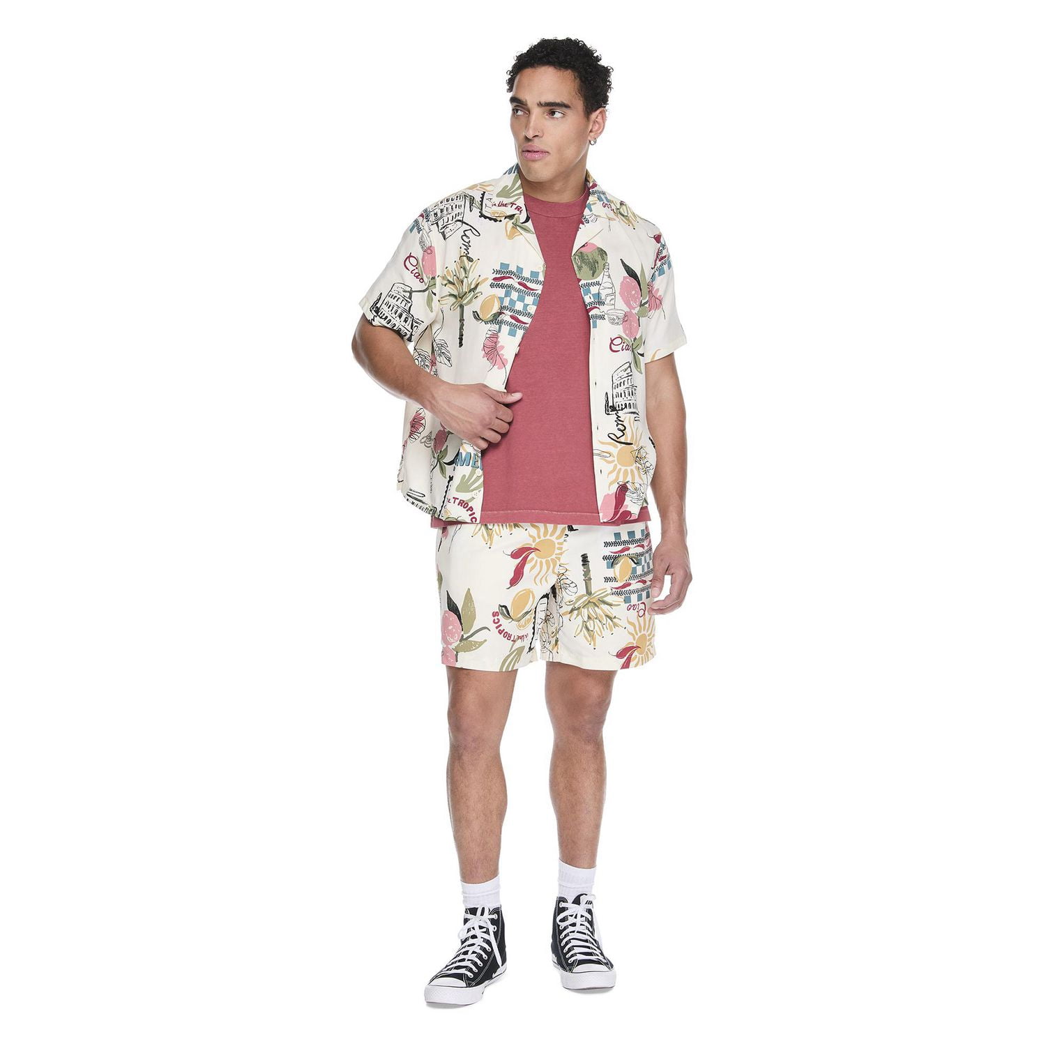 Chemise de villégiature imprimée et boutonnée à manches courtes No Boundaries pour hommes