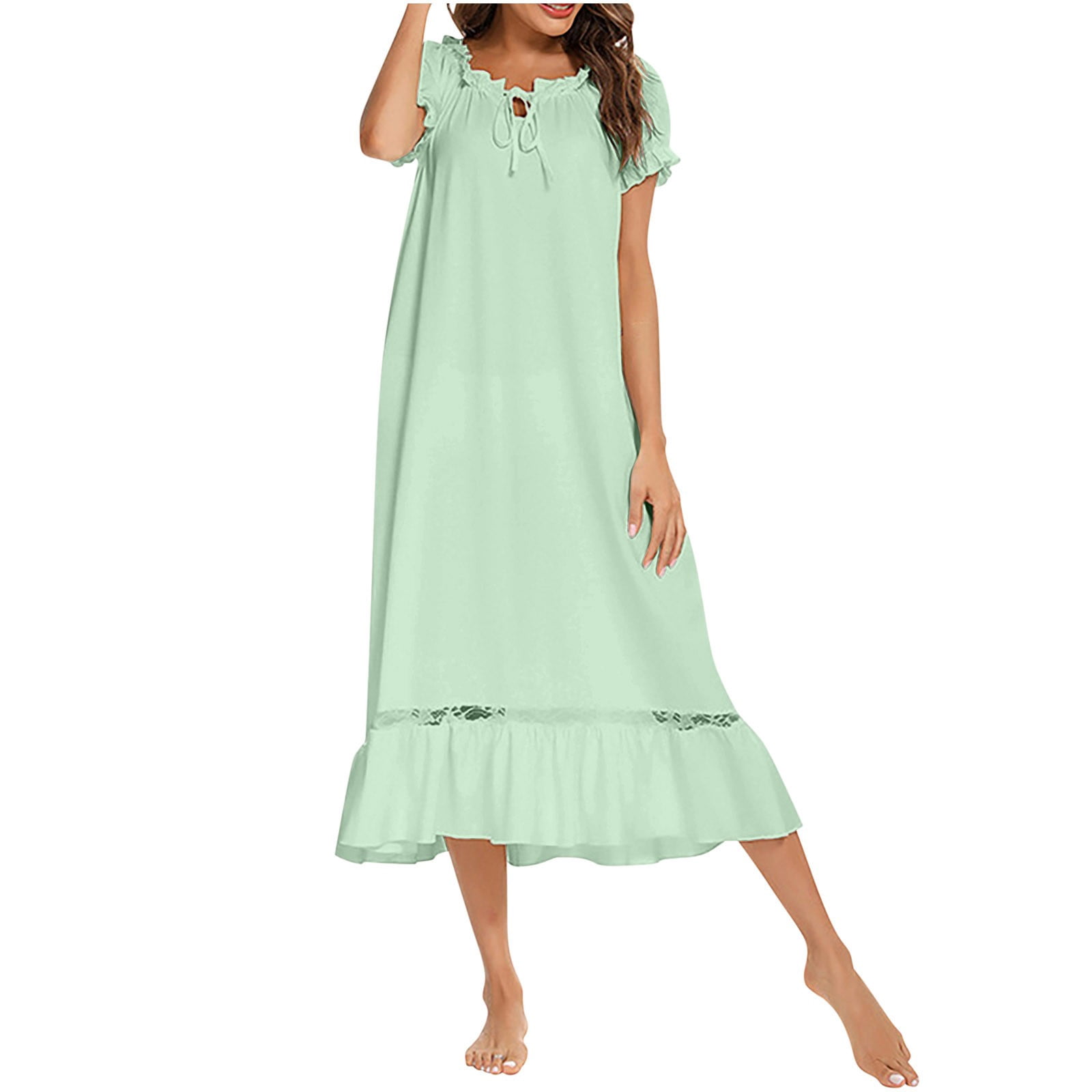 Timegard Robe de Nuit pour Femmes à Encolure Dégagée, à Cordon, à Volants, à Manches Courtes, en Dentelle, Robe de Sommeil Mignonne, Douce et Ample