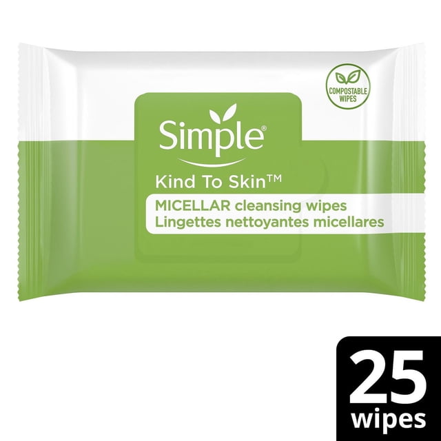 Simples Paquet de Lingettes Micellaires pour le Visage en Emballage Vert et Blanc, Kind To Skin Étiquetées et Lingettes Compostables, Contenant 25 Lingettes Qui Nettoient en Douceur, Enlèvent le Maquillage et Hydratent la Peau Grâce à la Technologie Micellaire, Idéal pour les Soins de la Peau Sensible.