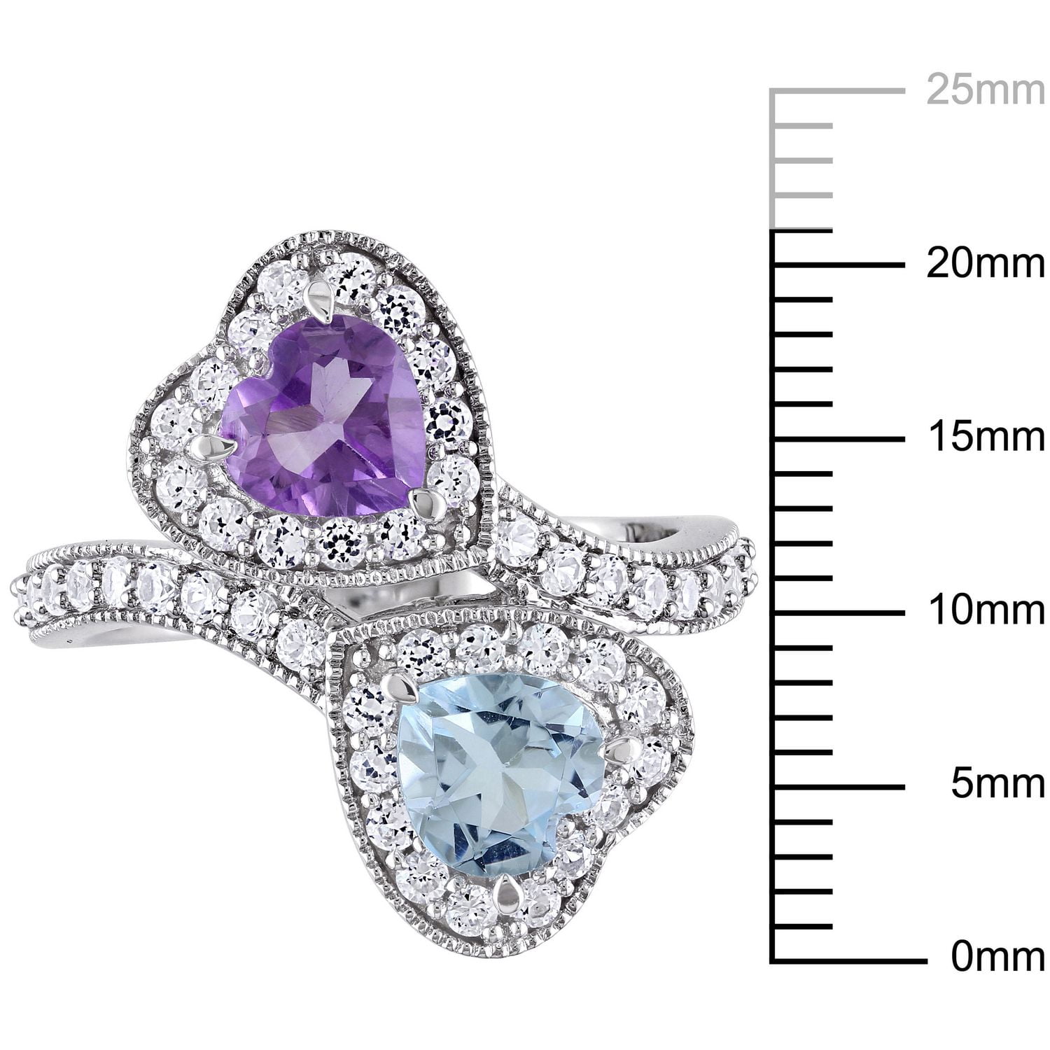 Bague à sections divisées Tangelo avec améthystes, topazes bleues et saphirs blancs synthétiques de forme cœur 2-1/2 CT PBT en argent sterling