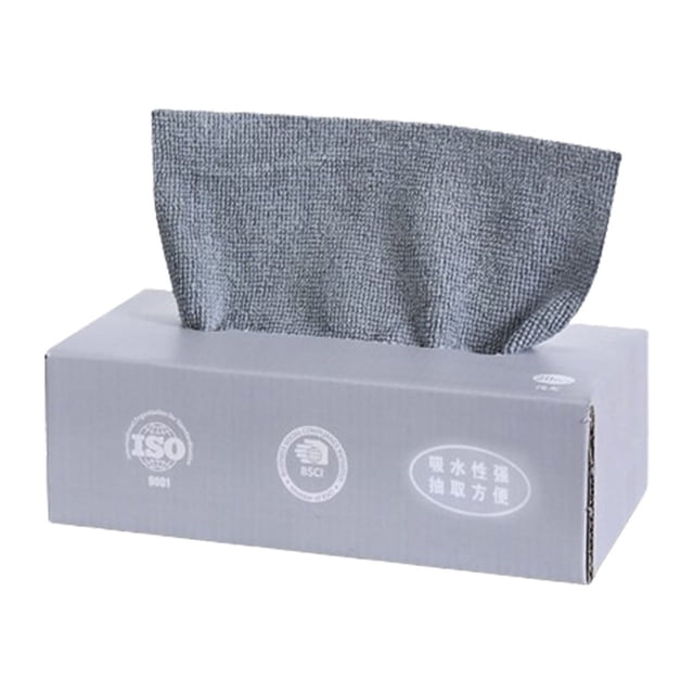 Microfiber Cleaning Cloth, A Box of Friendly Cleaning Cloths - Reusable Absorbent Cleaning Cloths. A box of grey microfiber cleaning cloths with one cloth partially pulled out, showcasing its soft texture. Made of high-density double-sided microfiber material, these cloths are fade-resistant, washable, and reusable. Ideal for cleaning glass, mirrors, countertops, and other household surfaces.