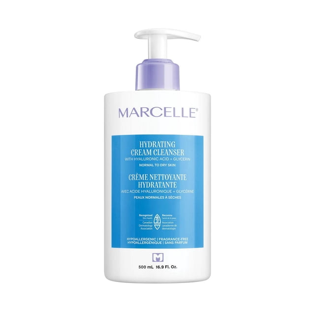 Marcelle Hydrating Cream Cleanser 500mL bottle with white pump and blue label, formulated with hyaluronic acid and glycerin for gentle, hydrating cleansing, ideal for normal to dry and sensitive skin, supporting the skin’s natural moisture barrier.
