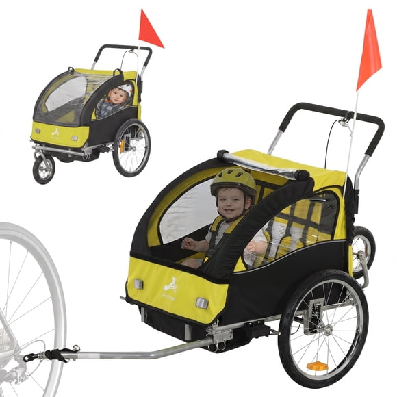 Aosom Remorque Vélo 2-en-1 pour Enfants, Porte-Bébé Poussette Pliable, Jaune