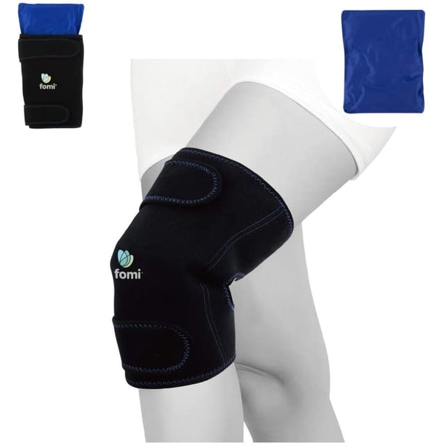 Knee Hot Cold Ice Wrap with comfortable compression support shown on a knee. Includes a flexible, reusable gel pack for heat therapy and cold therapy, providing pain relief from knee surgery, arthritis, meniscus tear, bursitis, sprains, swelling, ACL injuries, and sports-related pain. Made from medical-grade neoprene with adjustable fastener closures for a secure fit.