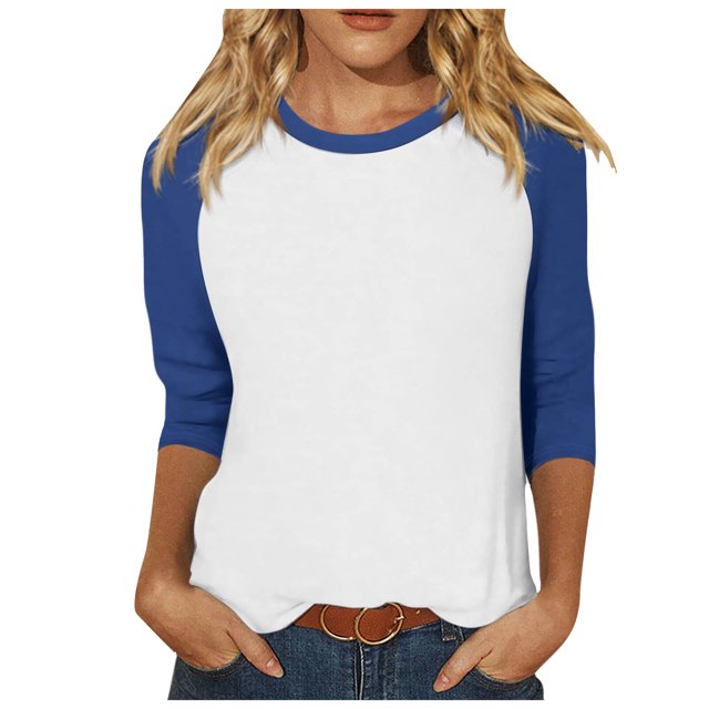 TSADFHJI Hauts Femmes Manches Longues Femmes Manches 3/4 Haut Été Décontracté Polyvalent Raglan Chemise Col Rond Chemise Décontractée Haut TG Bleu