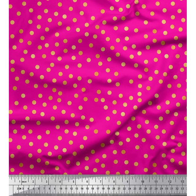 Soimoi Pink polyester Crepe Fabric Polka Dots Print Sewing Fabric Yard 52 Inch Wide