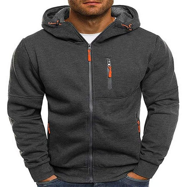 Men Hooded Jacket Adults Solid Color Long Sleeve Sweatshirt with Zipper Pocket