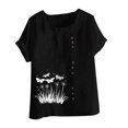thumbnail image 4 of QATAINLAV Hauts en Coton et Lin pour Femmes 2025 Col Rond Manches Courtes Retroussées T-Shirt Tendance à Imprimé Floral Blouse Décontractée Coupe Ample Tenues de Vacances Alléger Ventes du Jour Noir TTTTG, 4 of 5