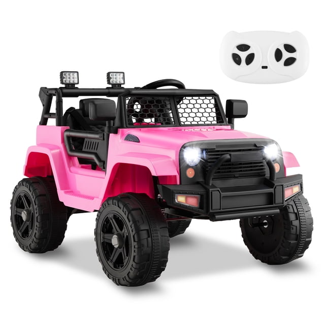 Costway 12V Battery Powered Ride On Truck Electric Kids Ride On Car in pink, featuring a realistic design with a wire windshield, bright headlights, and black anti-slip wheels. This 4-wheel vehicle toy includes a remote control for parental operation, a wide seat with a backrest and safety belt, and functional buttons for music, horn, and lights. Suitable for children aged 3-7 years, it offers a speed range of 1.5-2.8 mph and includes ASTM and CPSIA certifications for safety.