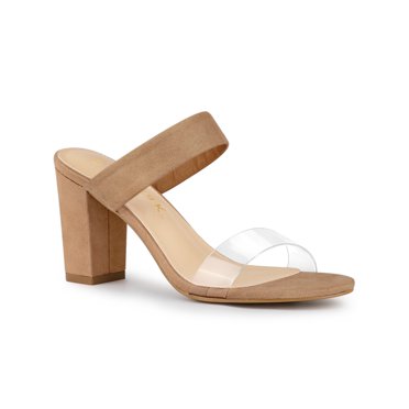 BLISSFUL STEP Women's Dual Clear Strap Block Heels Slides Sandals Nude (Size 7)