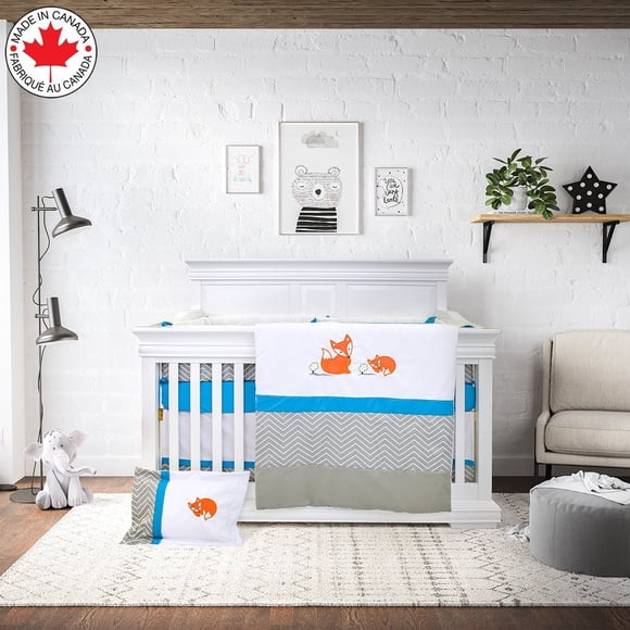 Bebelelo 7 Pieces Baby Bedding Set - Nursery Crib Set Including Skirt, Comforter, Mattress Cover, Pillow, and More for Kids, Boys, Girls (Gray and White Zig Zag Pattern with Fox Embroidered)