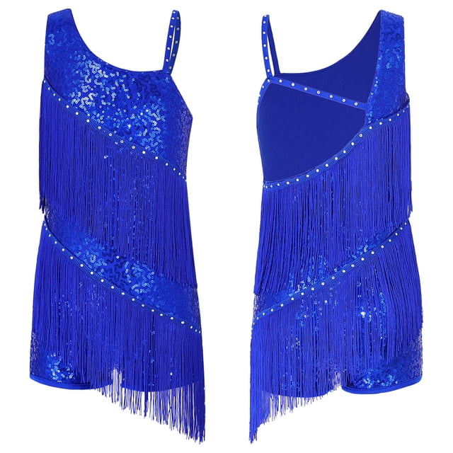 Mufeng Vêtements de Danse Latine Rumba pour Grandes Filles Justaucorps de Jazz Moderne Compétition Samba Tango Robe de Danse à Franges Bleu Royal 10