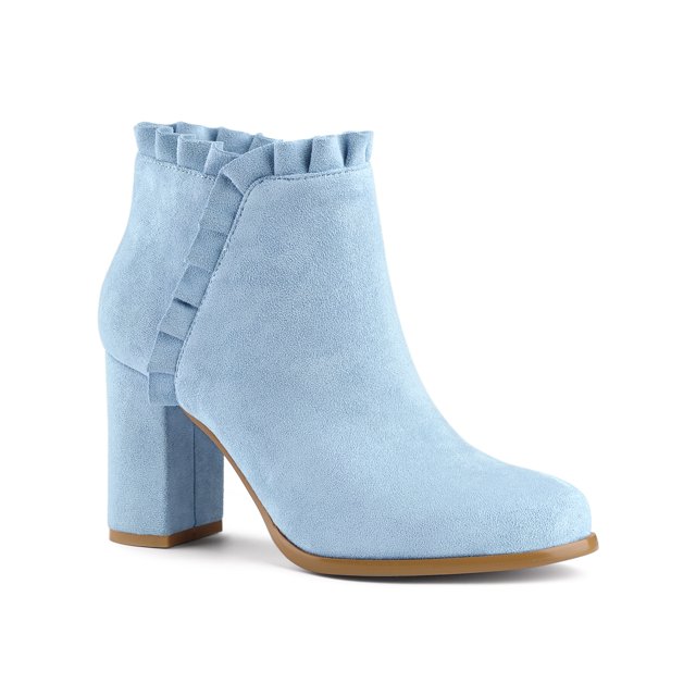 Unique Bargains Women's Ruffle Block Heel Ankle Boots Sky Blue (Size 7)