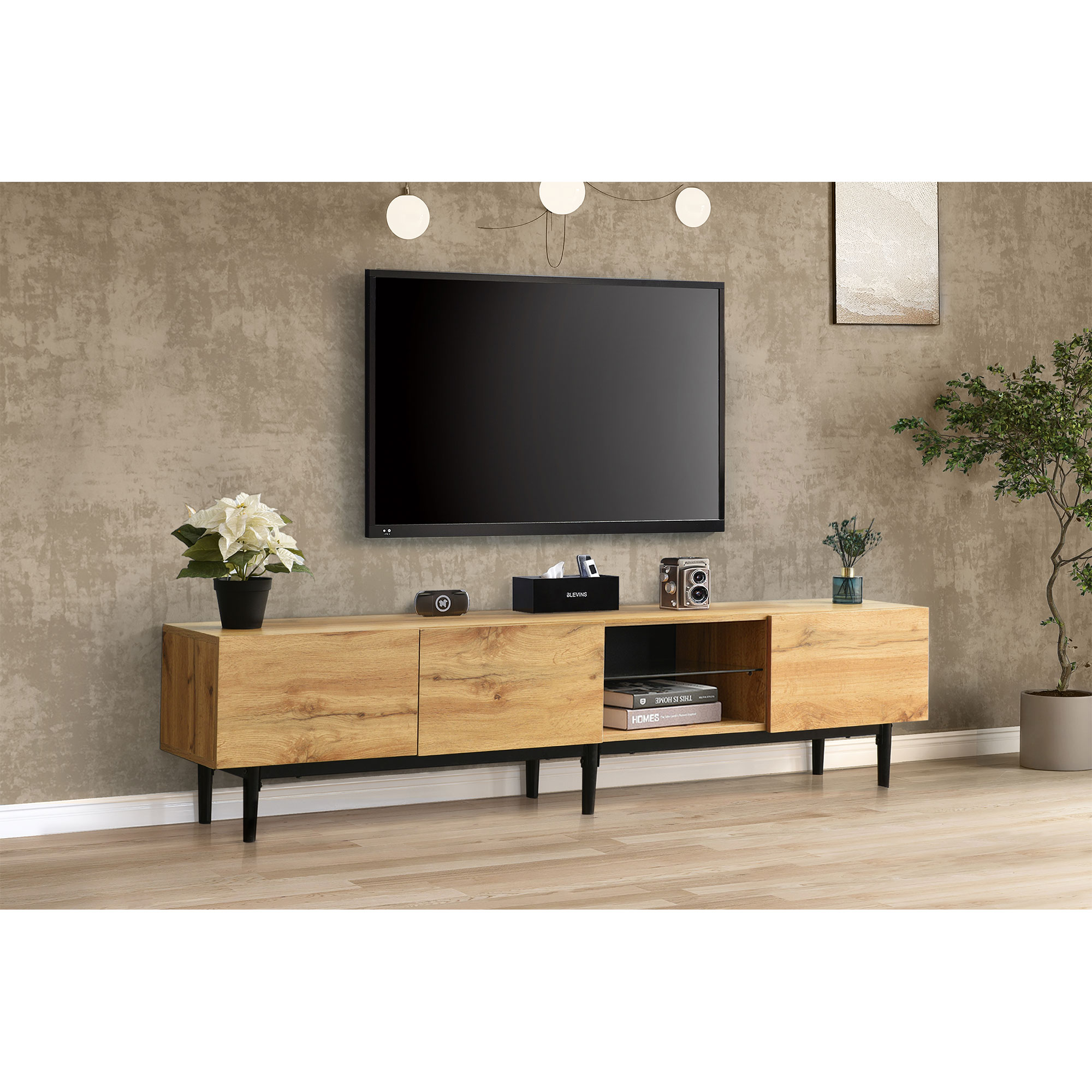 Noble House Meuble TV Moderne 69 Pouces, Console Multimédia LED Ajustable en Bois avec 3 Armoires, Grand Rangement, Naturel