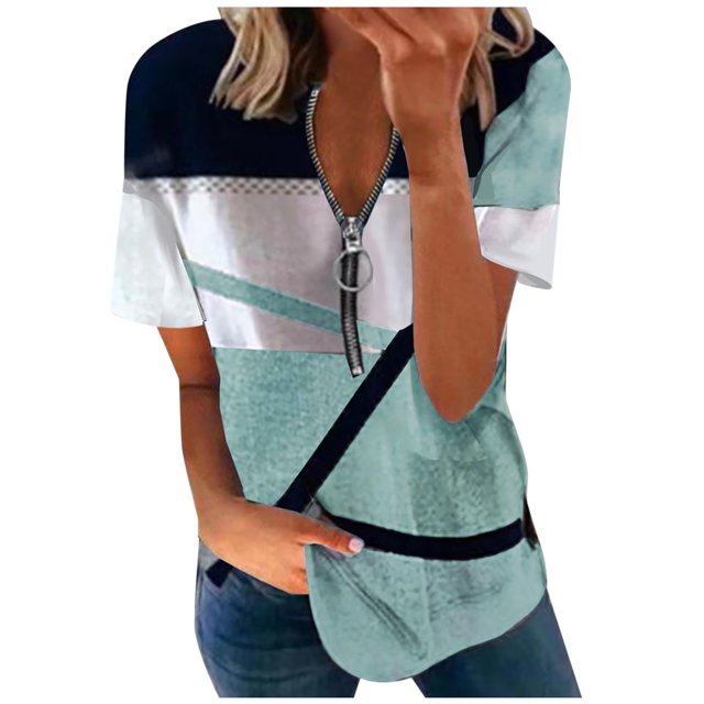 Birdeem Mode Femmes Été Col en V Manches Courtes Imprimé Fermeture Éclair T-Shirt Blouse Décontractée