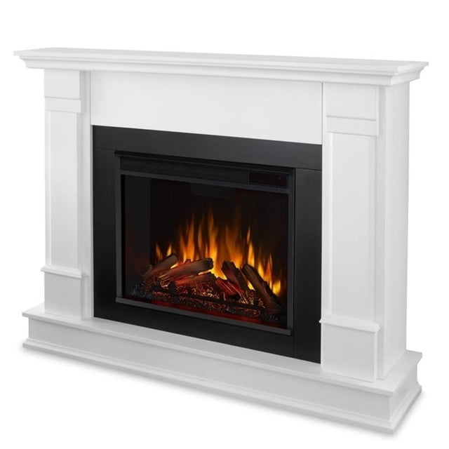 Real Flame Canada Silverton Contemporary Solid Wood Electric Fireplace in White. This fireplace features a clean, contemporary design with a white solid wood mantel and a black electric firebox. The VividFlame Electric Firebox mimics a real fire with dynamic glowing embers and multiple flame colour options, including orange, red-orange, white, blue, blue-white, and multicolour. It includes a remote control, hardware, and a 79-inch power cord. The unit provides supplemental heat for up to 1,000 sq ft with a heat output of 4,780 BTUs and adjustable thermostat settings ranging from 72°F to 99°F (22°C to 37°C). The fireplace also offers timer intervals from 10 minutes to 9 hours and thermal overload protection. Dimensions: 41 inches high, 48 inches wide, and 13 inches deep. CSA and FCC certified.