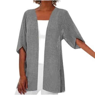 Cameland Cardigan Kimono Décontracté Ample en Coton et Lin pour Femmes à Manches 3/4 Grande Taille