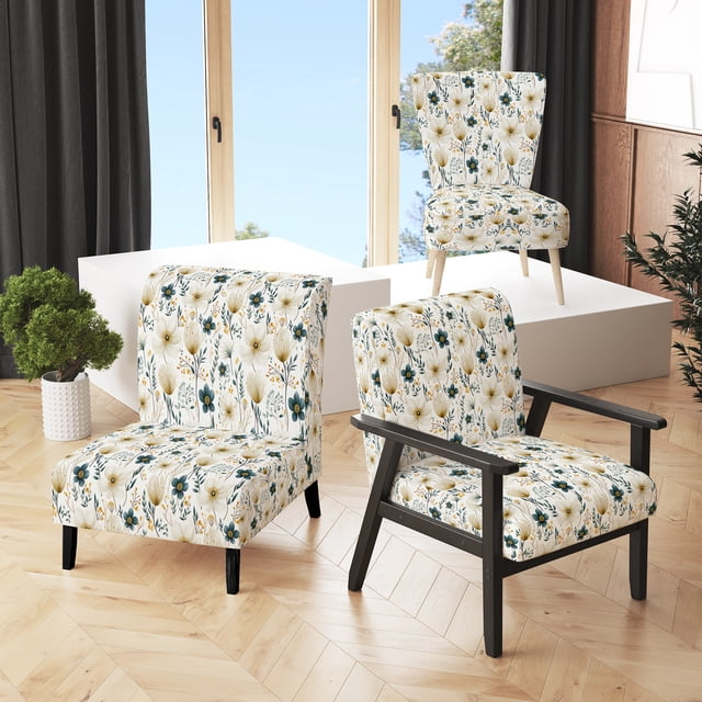 Designart « Minimalisme Floral Neutre » Fauteuil d'Appoint Rembourré Blanc à Motif Floral - Fauteuil de Style Champêtre pour Salon