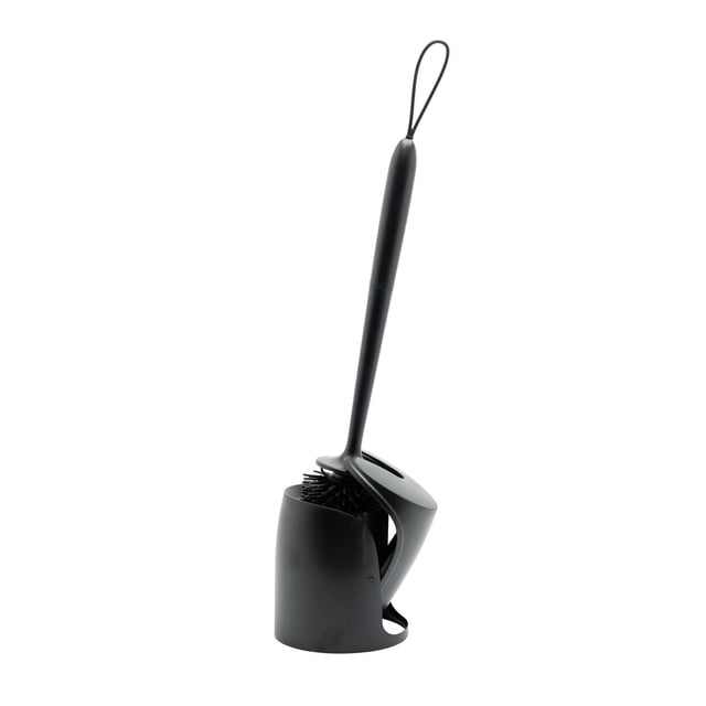 Mainstays Self-Closing Toilet Brush Holder with Cleaning Brush in black, shown front-facing with the self-closing lid open revealing the compact brush head and long handle with hanging loop, sized 5 by 5 by 17.5 inches, suitable for convenient bathroom cleaning and discreet storage.