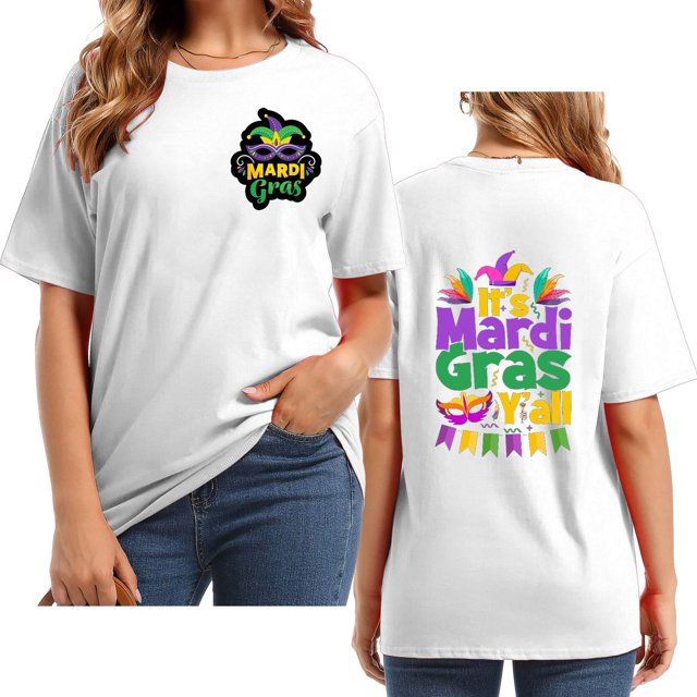 Outfmvch T-Shirts Mardi Gras pour Femmes, T-Shirts Graphiques, T-Shirts de Carnaval, Vêtements Mardi Gras, T-Shirt à Manches Courtes Col Rond Imprimé Lettre pour Femmes Blanc P