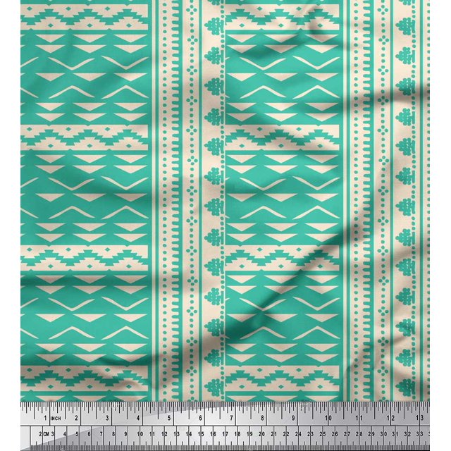Soimoi Green Cotton Cambric Fabric Square & Triangle Geometric Fabric Prints By Yard 58 Inch Wide